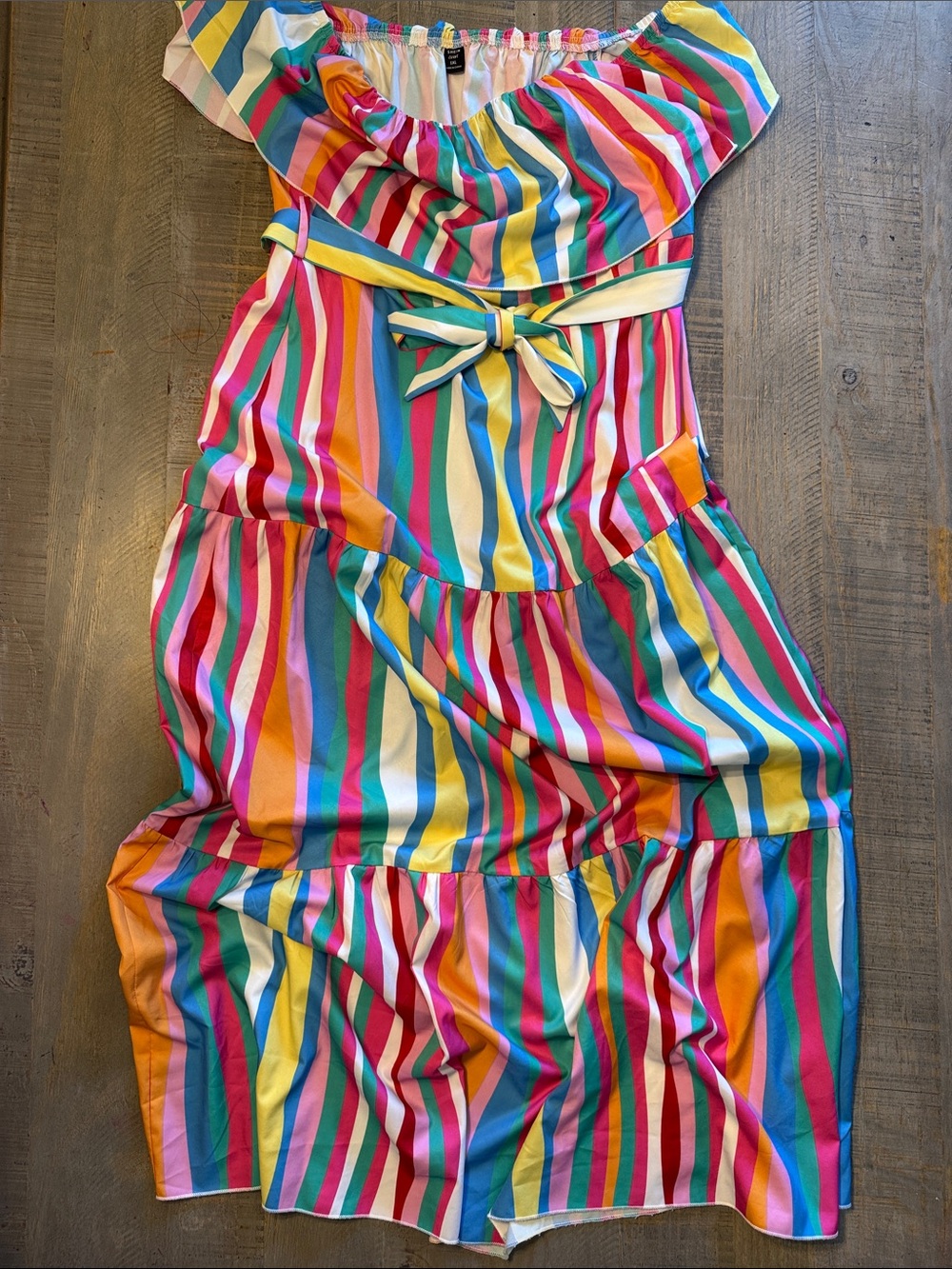 SHEIN Multicolor Vertical Stripe Off-Shoulder Maxi Dress with Waist Tie